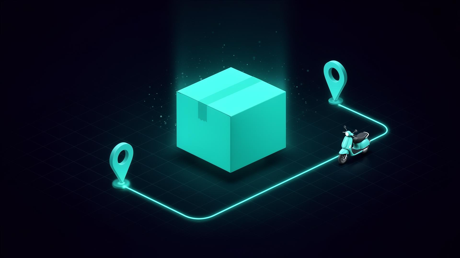 Ilustración isométrica de un paquete con ruta de entrega entre cliente y conductor independiente